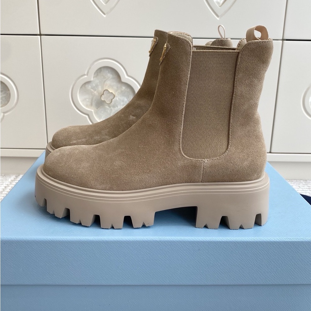 Prada Beige Suede Chunky Ankle Boots